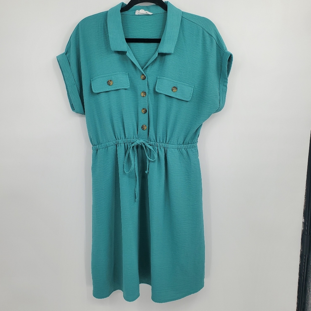 ◇◇ Lucky Brand Short-sleeved Button Up Shirt Dress Size Medium Green